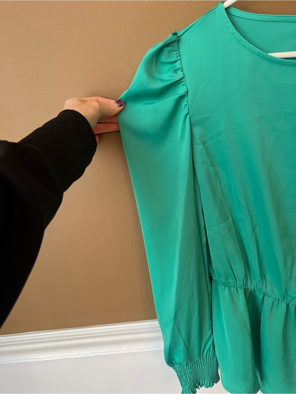 Women’s Elegant Teal Peplum Blouse Smocked Cuffs Size M Cocktail Career Workwear - Picture 4 of 7